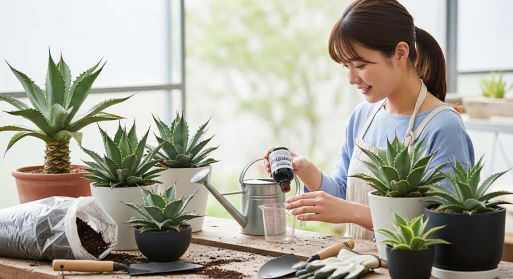 作業台で、アガベの並ぶ横でメネデールの希釈液を準備する日本人女性