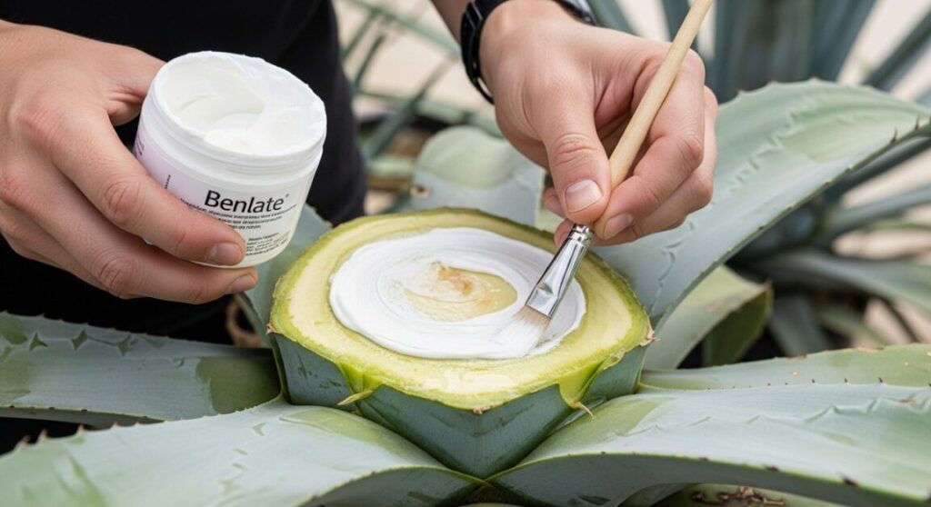 アガベのカット面に、筆を使って白いベンレートペーストを丁寧に塗り、保護膜を作る様子