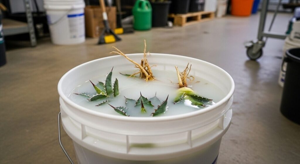 バケツの中に満たされたベンレート希釈液に、アガベの抜き苗を丸ごと浸して殺菌処理を行う様子