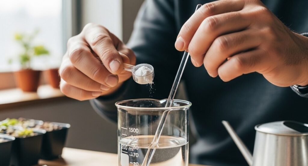 室内でベンレート水和剤を精密に計量し、水に溶かして希釈液を作る日本人の男性栽培家の手元