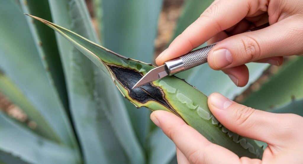 消毒されたカッターナイフを使用してアガベの葉の黒い患部を慎重に切り取っている手元のアップ