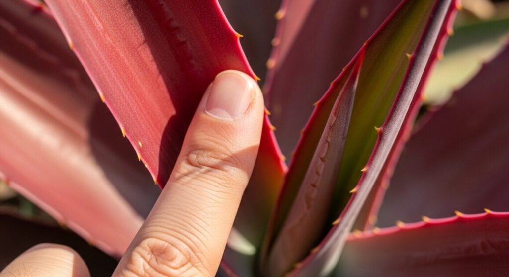 日本人の指先が、赤く染まったアガベの葉に触れて硬さを確認しているクローズアップ