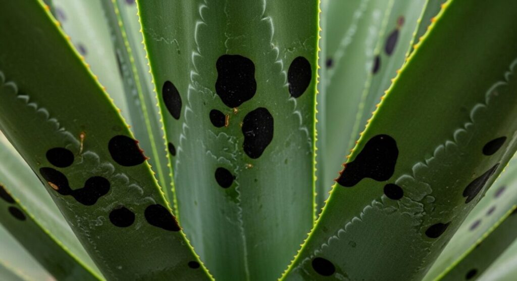アガベの厚い葉に現れた不自然な黒い点や斑点のクローズアップ写真