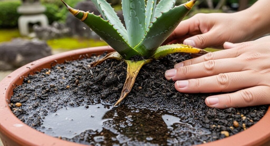 アガベの水やり頻度が多すぎ、土壌が過湿状態で受け皿に水が溜まっている様子