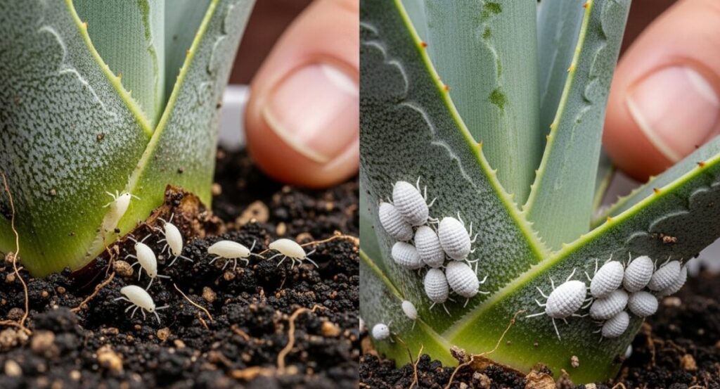 アガベの鉢の土壌表面にある小さな白いトビムシ（動く）と、葉の付け根にあるコナカイガラムシ（綿状の塊、動かない）のクローズアップ比較。日本人栽培者の指が添えられている。