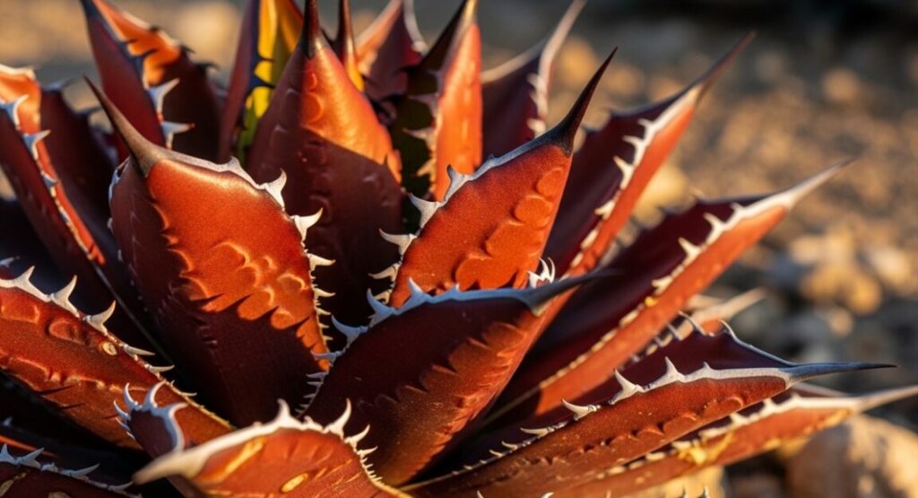 燃えるような銅赤色に染まったアガベ・レッドキャットウィーズルのクローズアップ