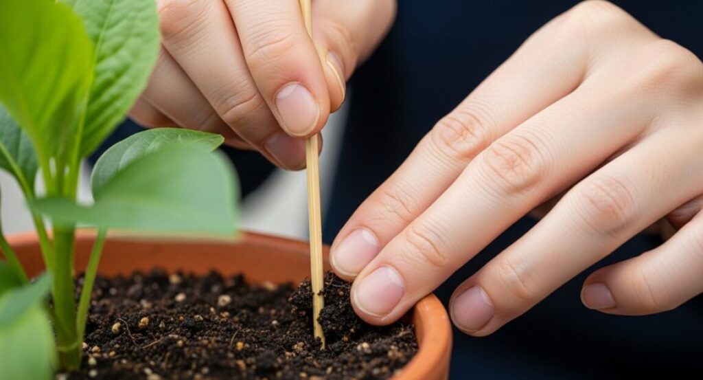 日本人の手元で、竹串を鉢土に深く挿して湿り具合を慎重に確認している様子