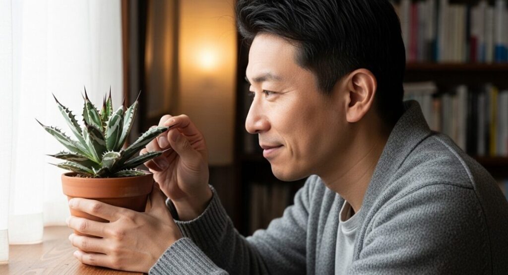 室内でアガベ・ピンティラのコンパクトな鉢植えを愛おしそうに眺める、日本人男性（著者）の横顔