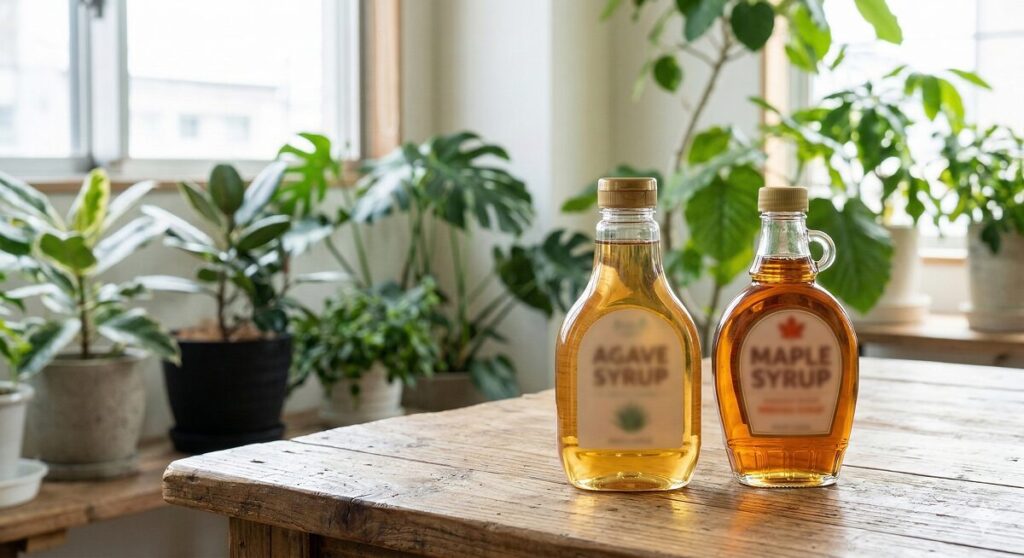 木製テーブルに並んだアガベシロップとメープルシロップのボトル、背景に観葉植物