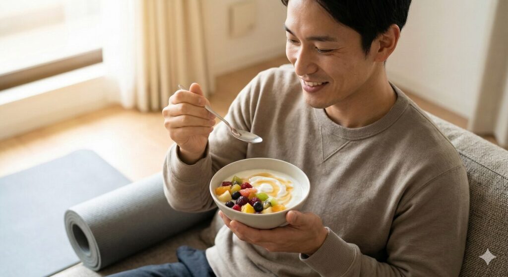 健康的な笑顔のアジア人男性がシロップ付きの朝食を食べ、低GIの効果をイメージ