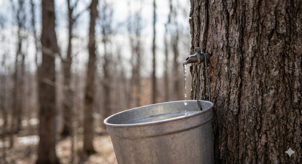 サトウカエデの木から樹液を採取する様子、自然のミネラルを表現