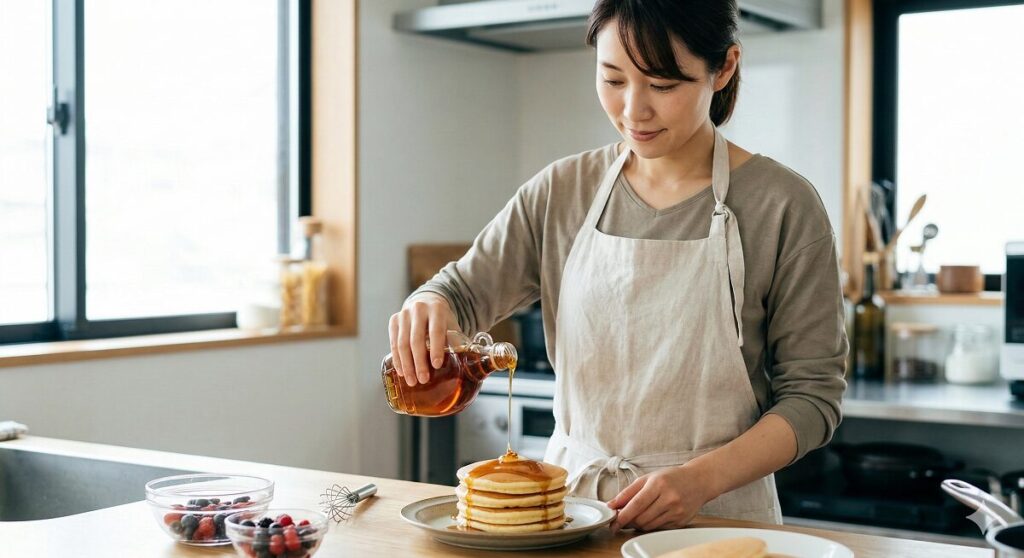 日本人女性がキッチンでパンケーキにメープルシロップをかけ、料理の使い分けを表現