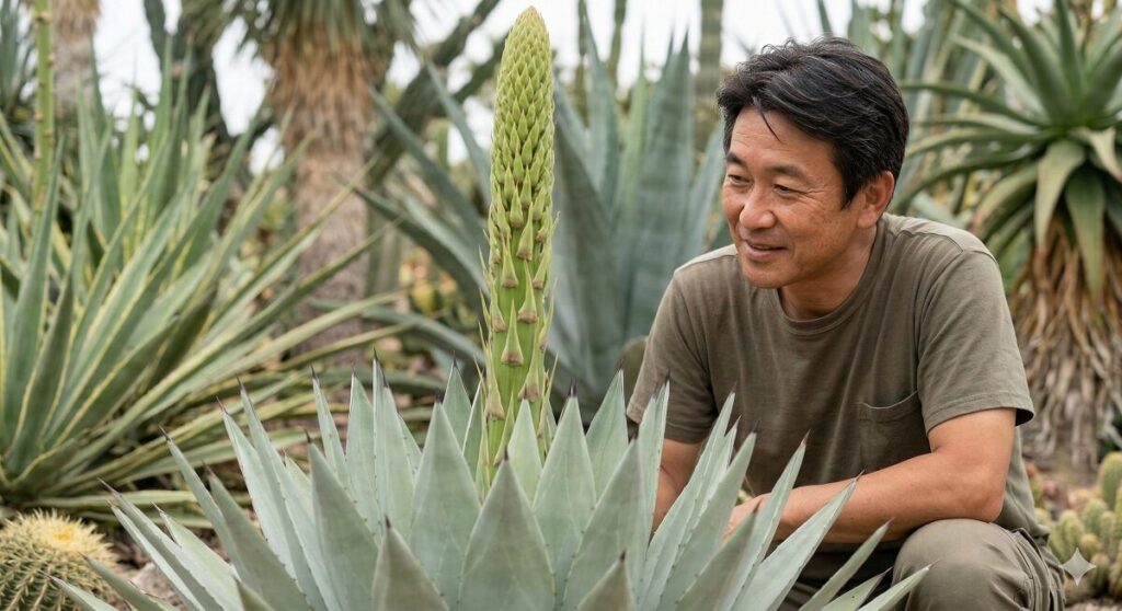 大切に育てたアガベの中央から伸びる巨大なアスパラガス状の花茎を、驚きと期待の表情で見つめている写真