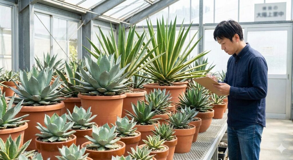 サイズの異なる様々なアガベ（小型種、中型種、大型種）の鉢植えコレクション