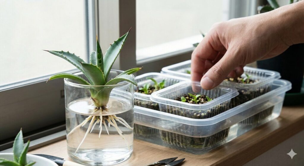 窓際で、透明なガラス容器に入ったアガベの子株が水耕管理されており、白い根が伸びている