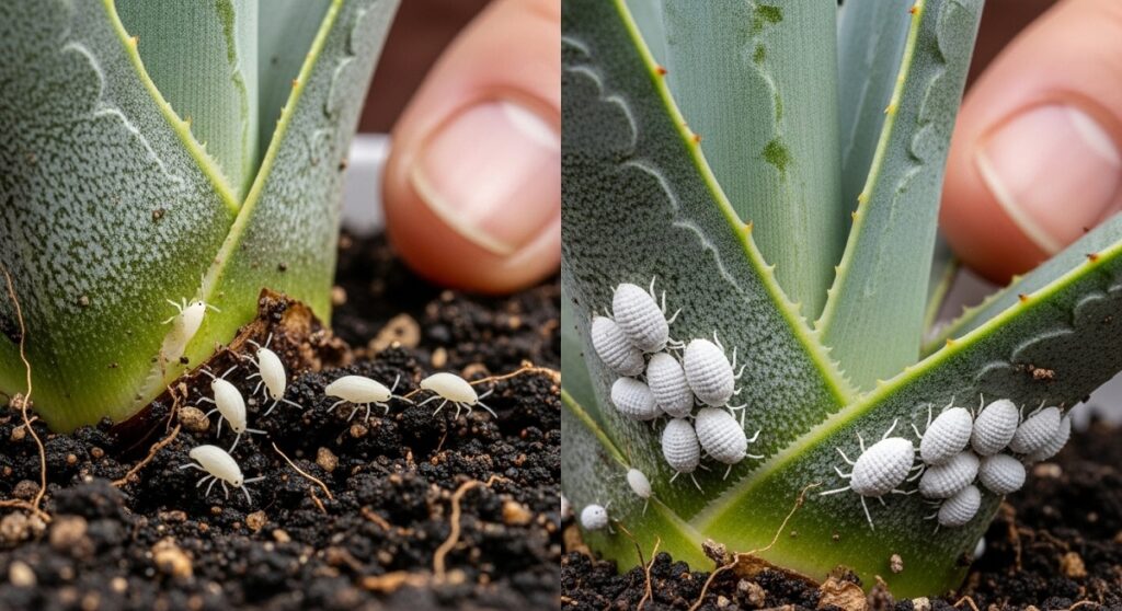 アガベの鉢の土壌表面にある小さな白いトビムシ（動く）と、葉の付け根にあるコナカイガラムシ（綿状の塊、動かない）のクローズアップ比較。日本人栽培者の指が添えられている。