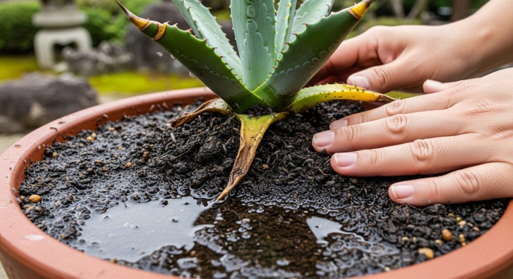 日本人栽培者が、ダントツ水溶剤の希釈液をアガベの鉢植えの土壌に灌注（土壌処理）する様子