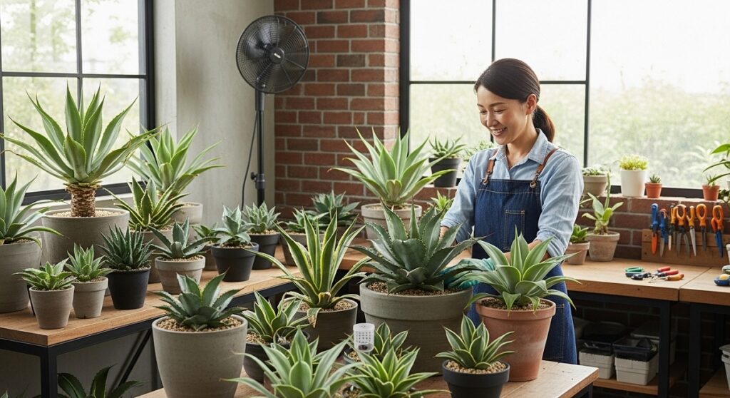 アガベの室内栽培エリアで、サーキュレーターが稼働しており、日本人栽培者が健康なアガベコレクションを笑顔で観察している様子