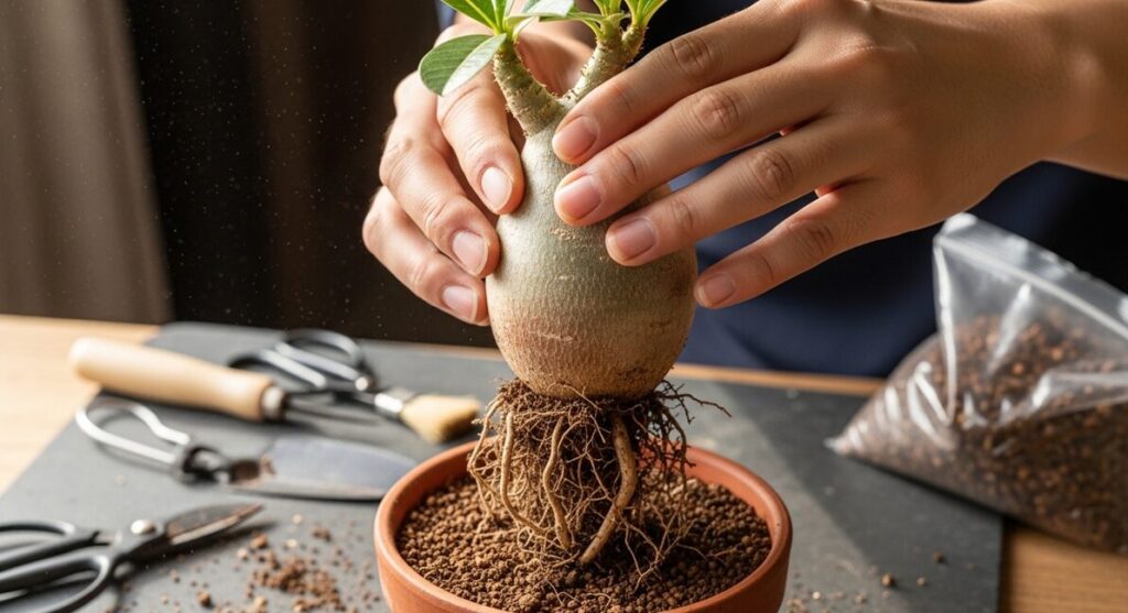 日本人の園芸愛好家が、植え替え時にアデニウムの塊根を少し持ち上げて「根上がり」の状態に整えている手元の様子