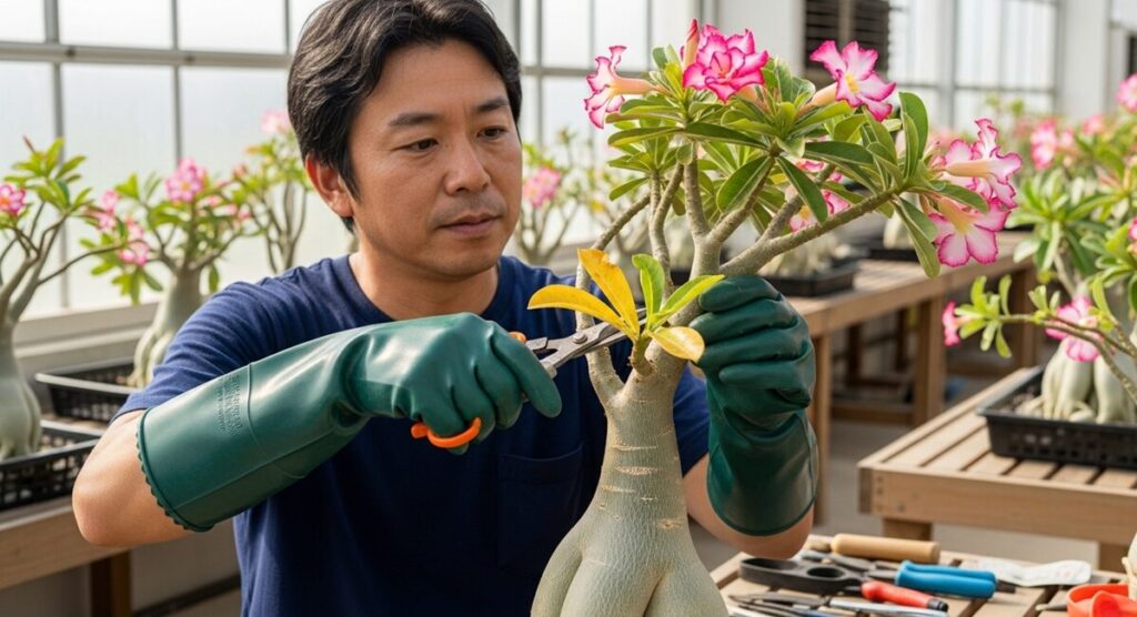 ゴム手袋を着用して安全にアデニウムのメンテナンスを行う日本人男性