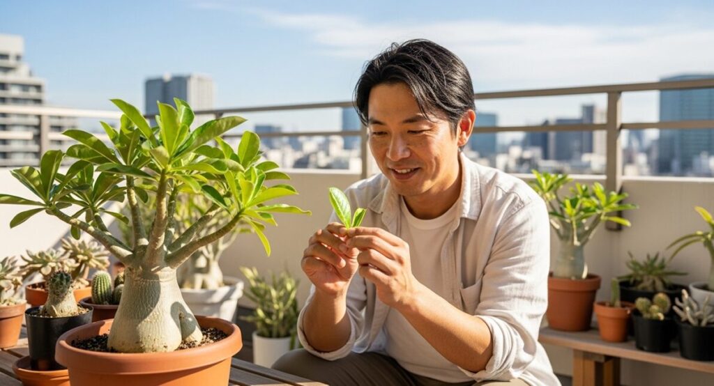 陽の当たるテラスで、笑顔でアデニウム・ゴッジの葉の状態をチェックする日本人の男性