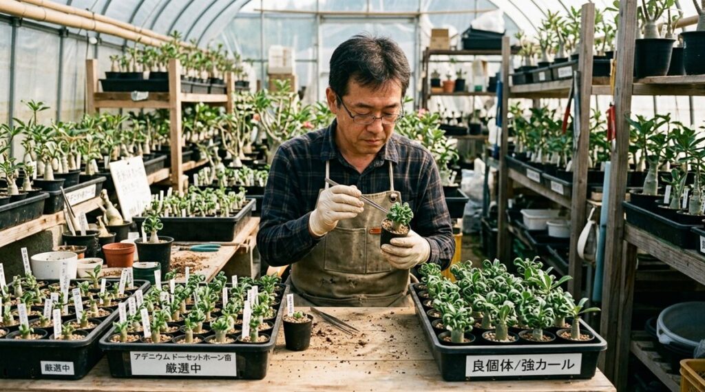 自宅のナーセリーでアデニウム ドーセット ホーンの実生苗から葉のカールが強い優良個体を選抜する日本人ブリーダーの様子