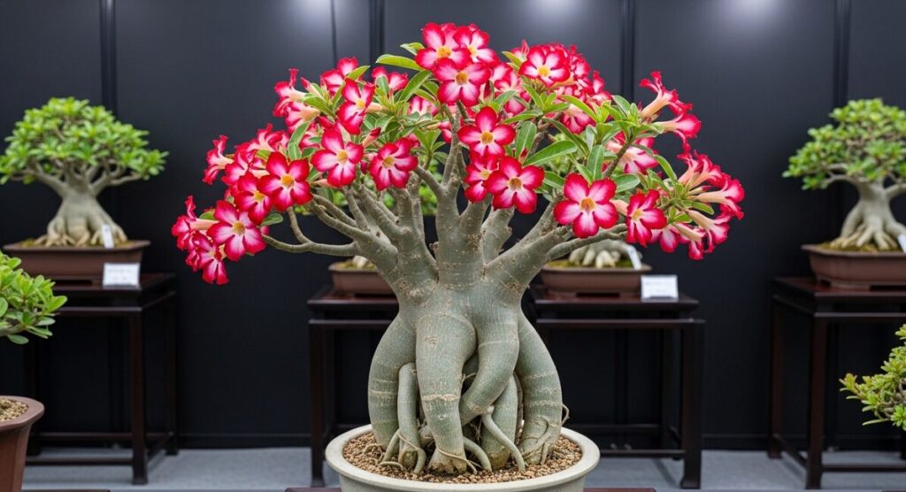 日本の植物専門店またはエキシビションで、洗練されたスポットライトの下に展示されたプレミアムなアデニウム DHA 選抜個体