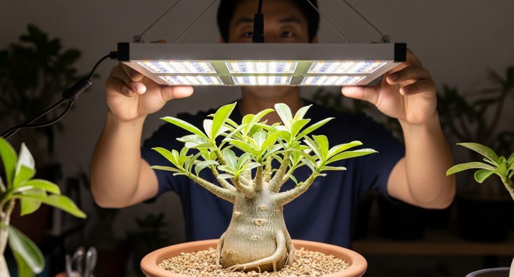 植物の真上に設置した強力なフルスペクトル botanical LED グローライトの照射距離を調整している