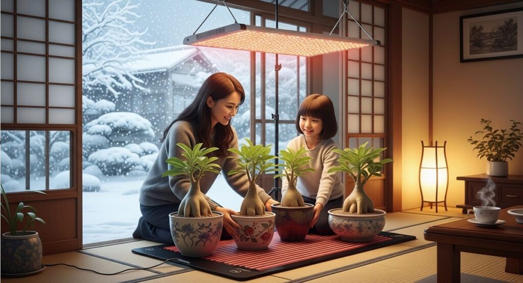 日本の冬の夜、窓際から離れた暖かい室内の生活空間