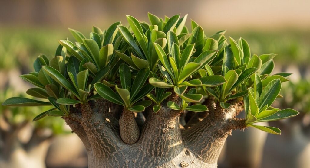真夏の強い太陽光を浴び、葉が厚く節間が詰まった、健康的で塊根が太いアデニウム・アラビカムのクローズアップ
