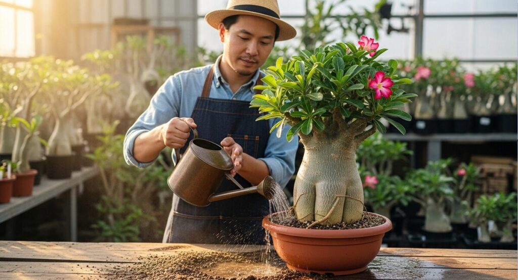 朝の光の中で、日本人の男性栽培者が、塊根の太いアデニウム・アラビカムの鉢植えに、じょうろで水をたっぷりやっている様子。土は乾いている