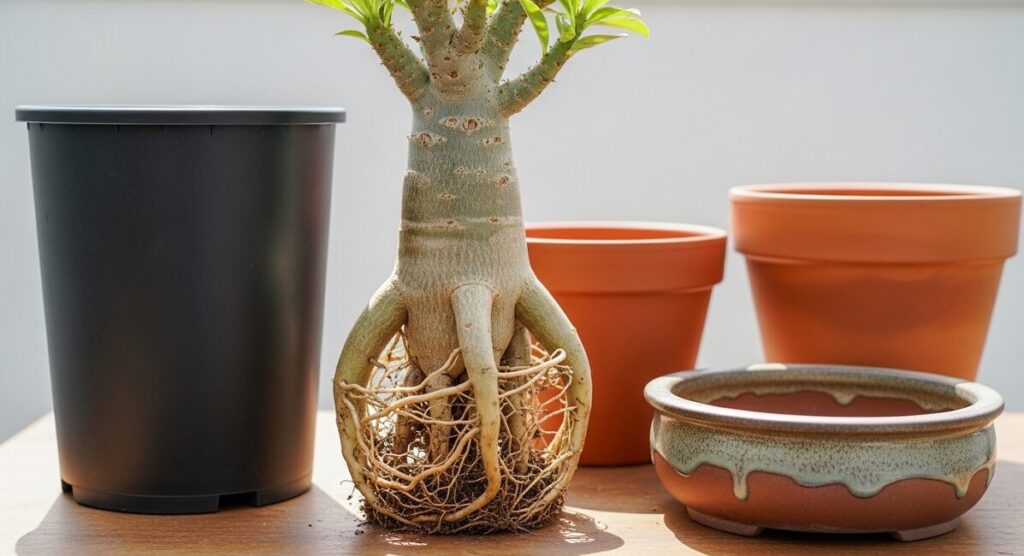 植え替えのために鉢から抜かれた、健康な根が回っているアデニウム・アラビカム