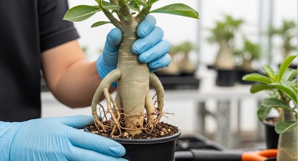 日本人の栽培者の手が、植え替え中のアデニウム・アラビカムを鉢から持ち上げ、地下で太った複雑な根の一部を土の上に露出させようとしている
