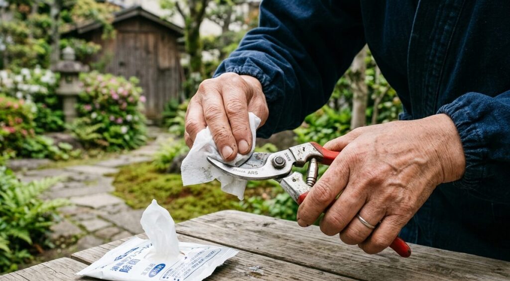 剪定作業を始める前に、清潔なアルコールシートを使って剪定バサミの刃を丁寧に拭いて消毒している日本人の手元のアップ