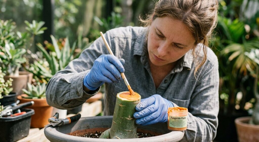 アデニウムの太い幹の水平な切り口に、小さな筆を使ってオレンジ色の殺菌癒合剤を薄く丁寧に塗り広げている様子