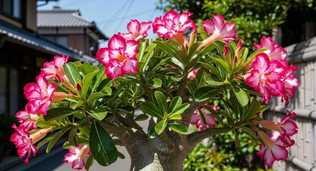 真夏の強い直射日光の下、屋外で徒長することなく、ずんぐりと健康的に育っているアデニウムのクローズアップ