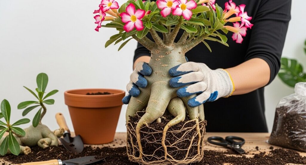 植え替え作業中に、これまで土の中にあった複雑で太い塊根を数センチ持ち上げ、浅く植え付けてデザインを整えているアデニウムの様子