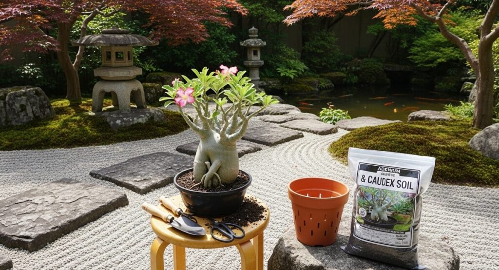 日本の庭先で、新しい多肉植物・塊根植物専用の用土と通気性の良いスリット鉢を用意し、アデニウムの植え替え準備を整えている作業風景