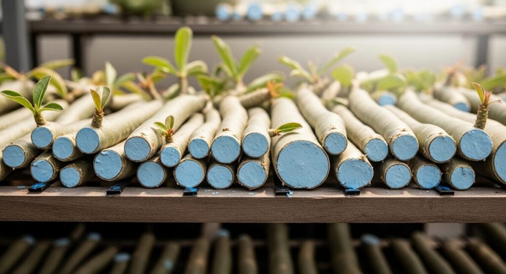 殺菌剤が塗布されたアデニウムの挿し穂の切り口が、風通しの良い明るい日陰にある棚で、数日間乾燥（キュアリング）されている様子