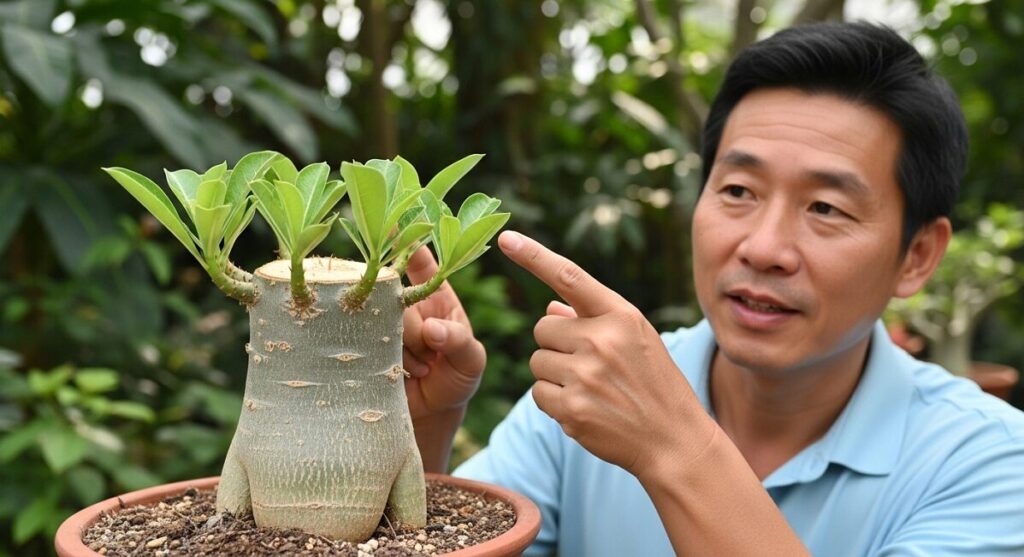 胴切りされたアデニウムの切り口周辺から、複数の新しい元気な脇芽が芽吹いている様子を指差す