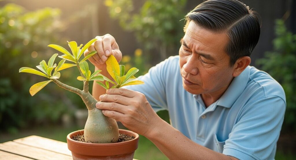 アジア人(日本人)男性が、鉢植えのアデニウムの黄色くなった葉を指で触りながら、もう一方の手でぷっくりとした塊根を押し、柔らかいことを確かめている。塊根が少し凹んでいる様子
