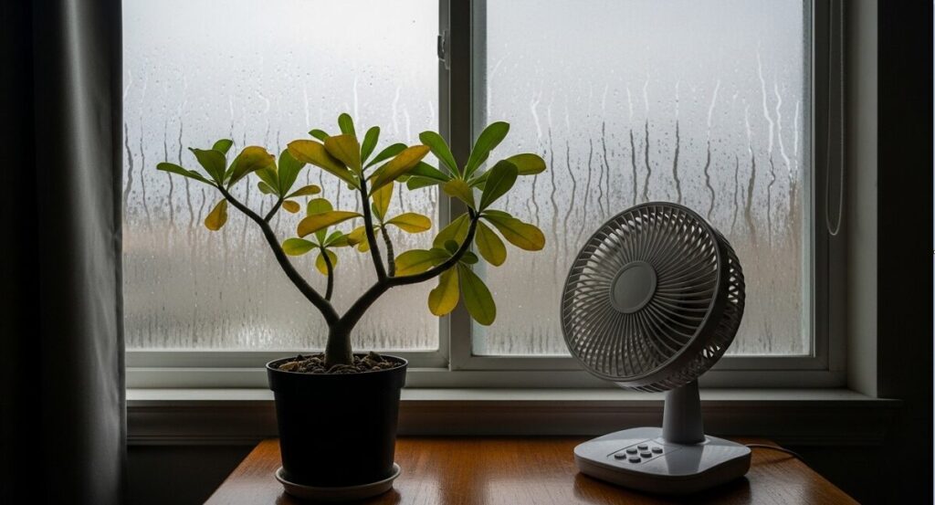 薄暗い室内。窓ガラスが結露しており、湿気が高そうな環境。黄色い葉のアデニウムが置かれており、その横に小さなサーキュレーターが置かれている