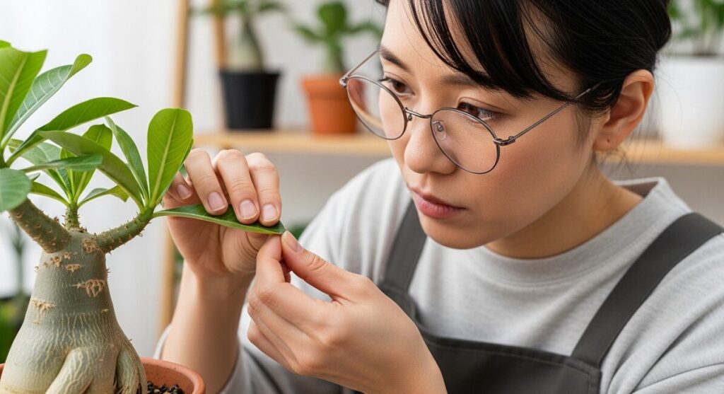 アデニウムの葉の裏側を指先で持ち上げ、ハダニなどの害虫がいないか真剣な表情で観察する日本人の園芸家。