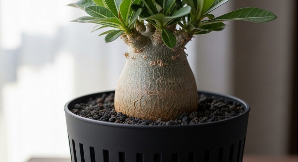 太陽の熱を吸収しやすい黒色のスリット鉢に植えられた、元気なアデニウムの塊根部分のクローズアップ。