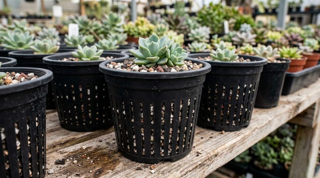 側面に鋭い切れ込みが入った黒色のプラスチック製スリット鉢の接写