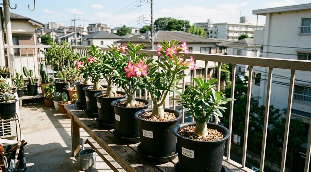 日本の住宅の明るいベランダで、直射日光を浴びて温まる黒いスリット鉢に植えられた元気なアデニウム