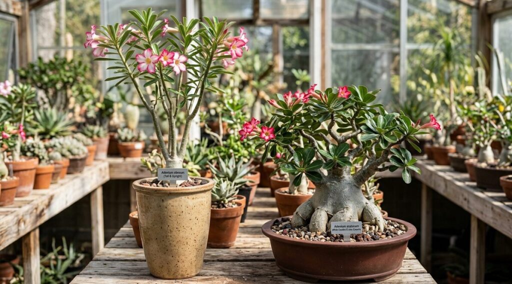 背の高いオベスム種が植えられた深鉢と、塊根が横に広がったアラビカム種が植えられた広口の浅鉢を並べた比較画像
