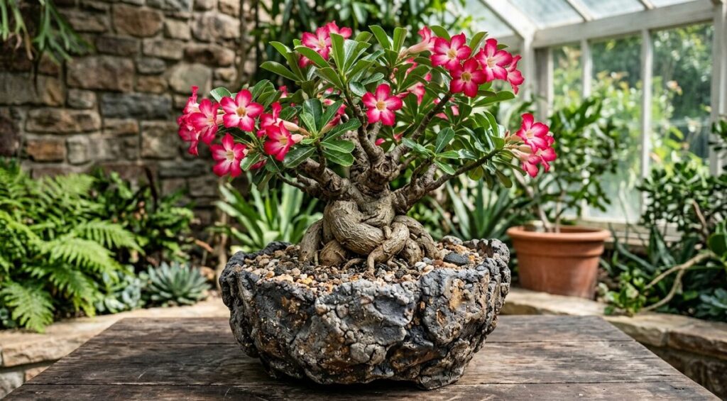 荒々しい岩肌のようなテクスチャを持つ重厚な作家鉢に植えられ