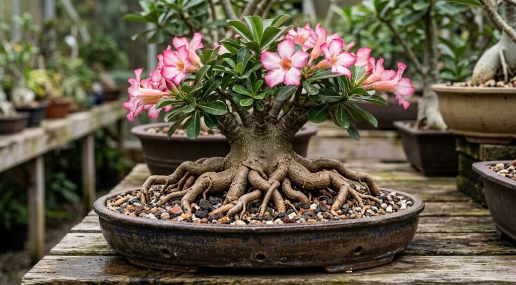 非常に浅い陶器の鉢に植えられ