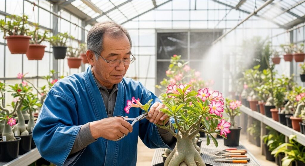 温室の中で、アデニウムの枝をハサミで丁寧に剪定している日本人の男性園芸家